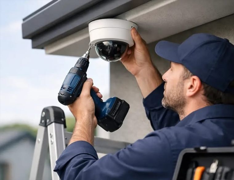 Técnico de GuardianPro instalando una cámara domo